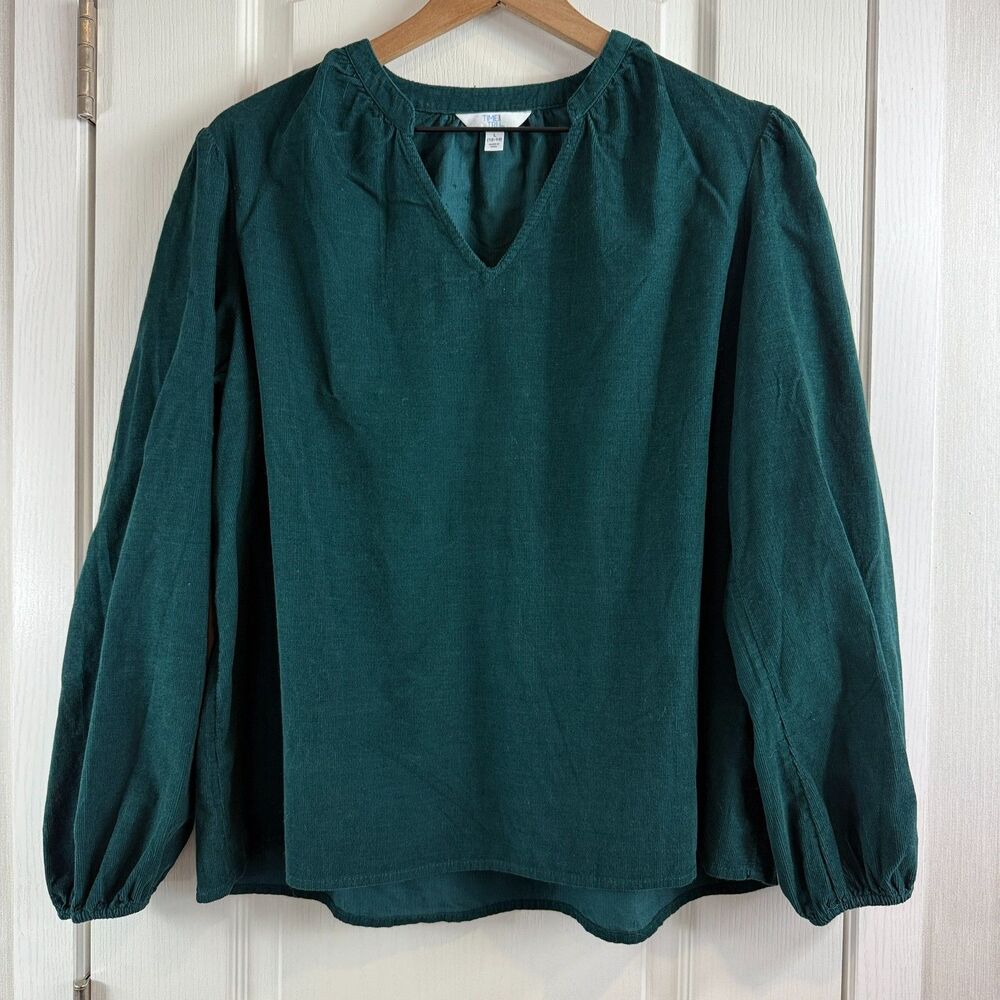 Time And Tru Green Puff Sleeve Corduroy Long Sleeve Top Women's Size L Large